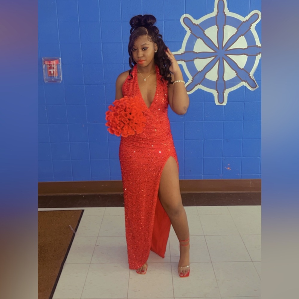 Red sequin halter top split dress from Fashion Nova. Size M Fake Roses Included.